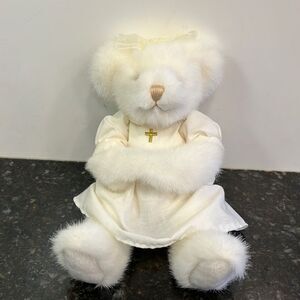 RUSS BERRIE WHITE TEDDY BEAR NAMED MARY WITH A GOLD CROSS